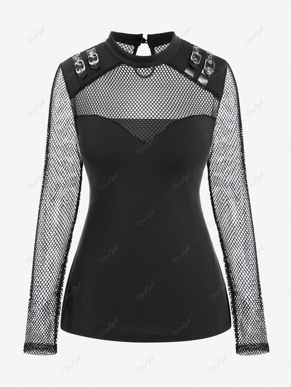 Sale Gothic Sheer Fishnet Panel Buckled Long Sleeve Top  