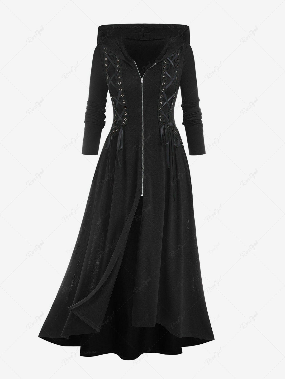 Discount Plus Size Hooded Lace Up Front Zipper High Low Maxi Coat  