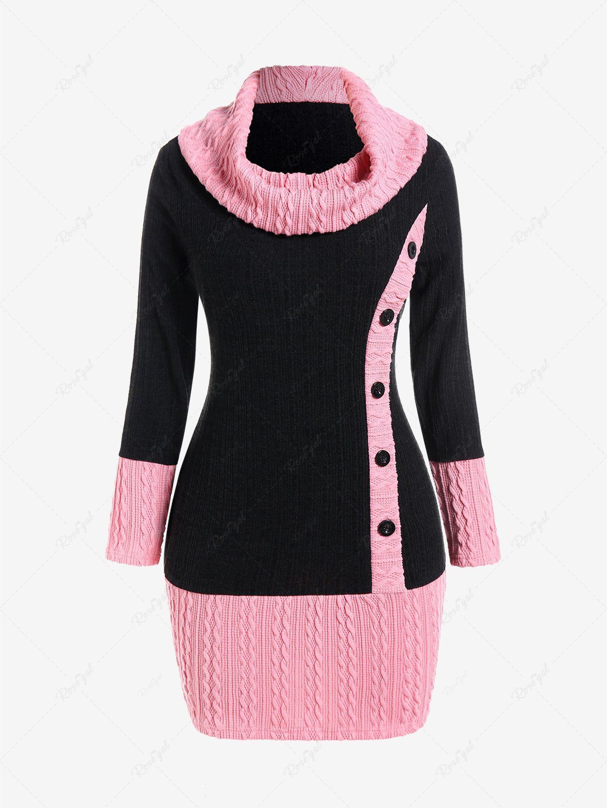 Sale Plus Size Cowl Neck Cable Knit Two Tone Bodycon Mini Dress with Buttons  