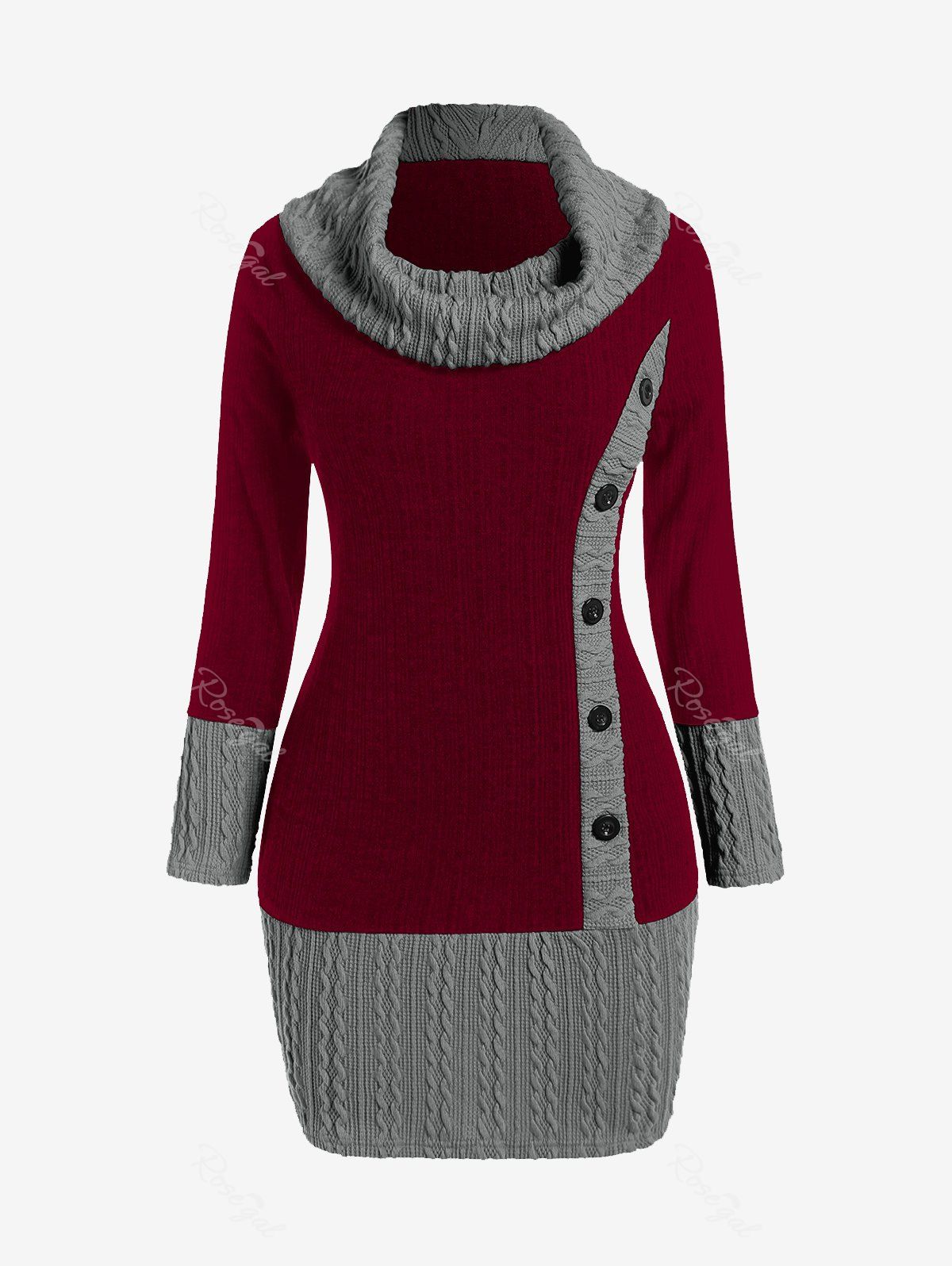 New Plus Size Cowl Neck Cable Knit Two Tone Bodycon Mini Dress with Buttons  