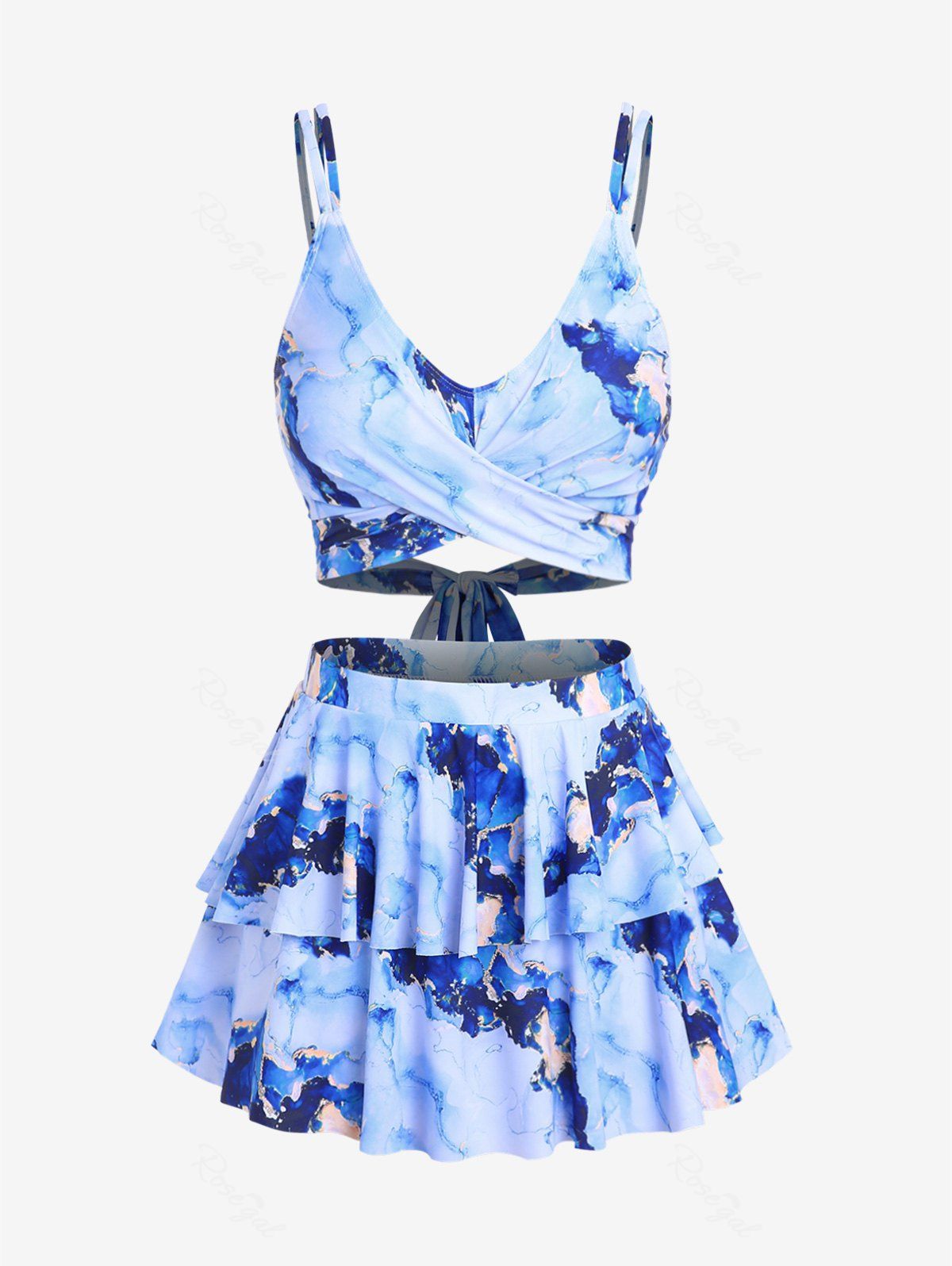 Shops Plus Size Marble Printed Padded Wrap Top and Layered Skort Tankini Swimsuit  