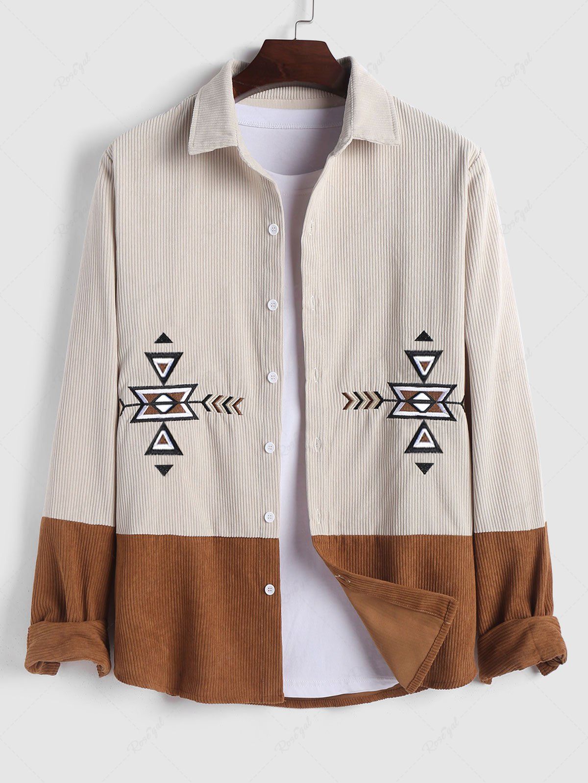Chemise Ethnique Motif Géométrique Brodée Bicolore à Manches Longues en Velours Côtelé café lumière XXL