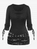 Plus Size Cinched Sleeves Ripped Grommets Lace Panel Tee -  