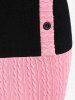 Plus Size Cowl Neck Cable Knit Two Tone Bodycon Mini Dress with Buttons -  