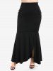 Maxi Jupe Moulante Fendue Bouclée en Couleur Unie de Grande Taille à Volants - Noir 5x | US 30-32