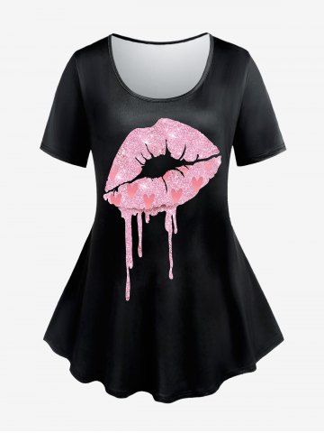 Valentines Lip Heart Printed Tee and Lace Panel Capri Leggings with Pocket Plus Size Outfit