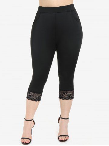 Valentines Lip Heart Printed Tee and Lace Panel Capri Leggings with Pocket Plus Size Outfit
