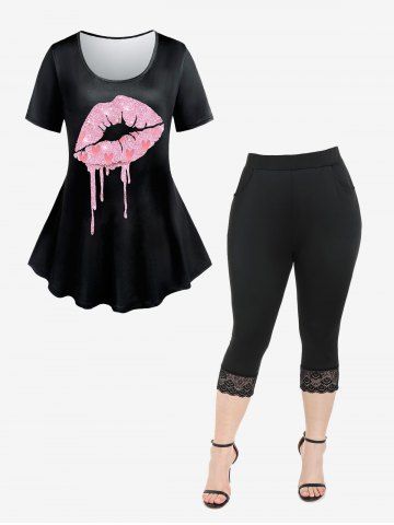 Valentines Lip Heart Printed Tee and Lace Panel Capri Leggings with Pocket Plus Size Outfit
