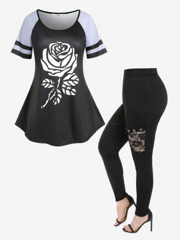 Ensemble de T-shirt Gothique Lacé à Imprimé Rose à Manches Raglan et Pantalon avec Poches à Rabat Grande Taille