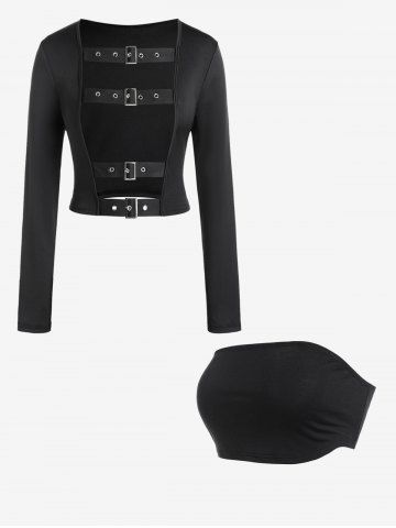 Buckled Grommets Cutout Long Sleeve Top And Basic Cropped Tube Top Gothic Outfit