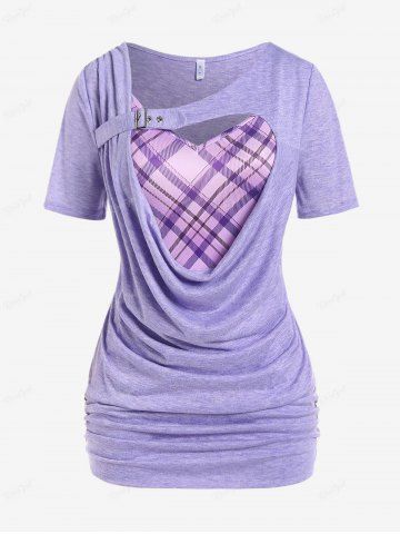 Plus Size Heart Plaid Buckle Draped Ruched Short Sleeves Tee - LIGHT PURPLE - 1X | US 14-16