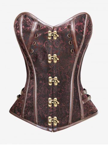 Gothic Grommets Lace-up Buckle Boning Brocade Corset - DEEP COFFEE - XL