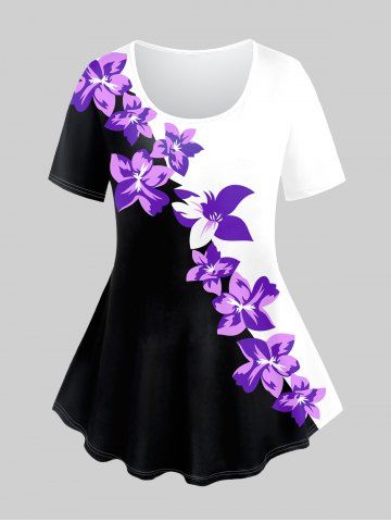 Plus Size Flower Printed Short Sleeves Colorblock Tee - PURPLE - 1X | US 14-16