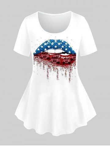Plus Size Patriotic American Flg Lip Printed Short Sleeves Tee - WHITE - 2X | US 18-20
