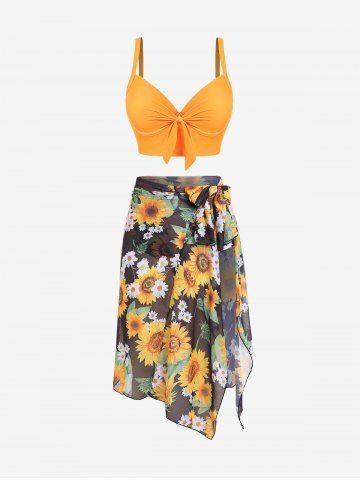 Plus Size Knot Sunflower Printed Longline Bikini Three Piece Swimsuit
