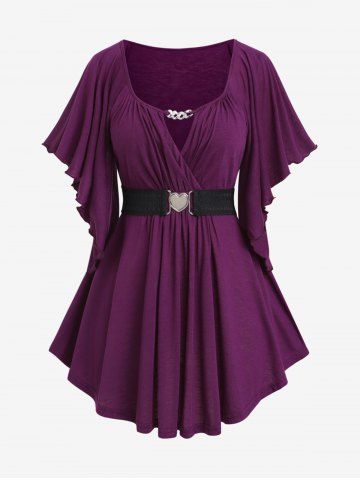 Plus Size Chain Panel Belted Butterfly Sleeve Surplice Top - CONCORD - 4X | US 26-28