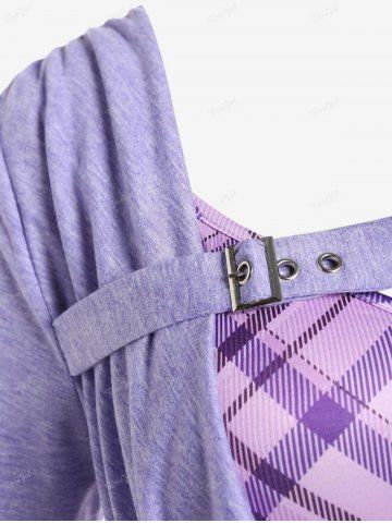 Plus Size Heart Plaid Buckle Draped Ruched Short Sleeves Tee
