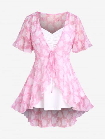 Plus Size Swiss Dot Jacquard Ruffled Tie Front Blouse and Camisole - LIGHT PINK - 1X | US 14-16