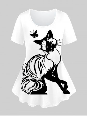 Plus Size Butterfly Cat Printed Short Sleeves Tee - WHITE - 5X | US 30-32