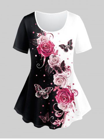 Plus Size Short Sleeves Rose Butterfly Printed Two Tone Tee - LIGHT PINK - 5X | US 30-32