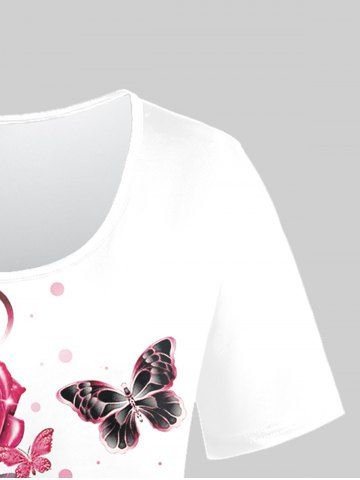 Plus Size Short Sleeves Rose Butterfly Printed Two Tone Tee