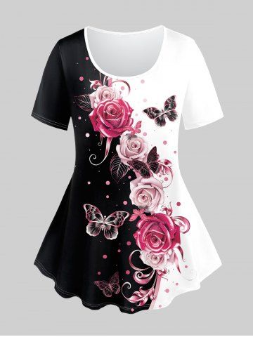 T-shirt à Imprimé Rose et Papillon Bicolore à Manches Courtes de Grande Taille 