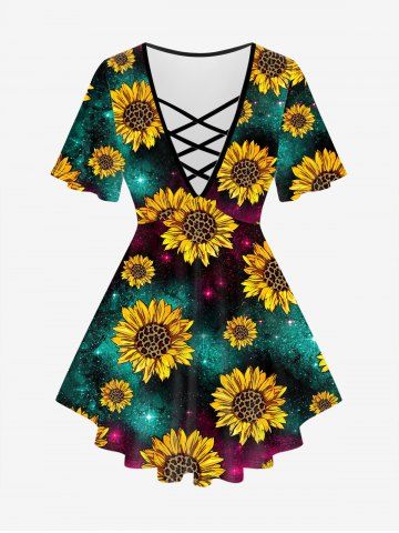 Plus Size Sunflower Galaxy Printed Crisscross Short Sleeves Tee - YELLOW - L | US 12