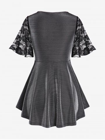 Plus Size Lace Flutter Sleeves Knot Metal V Neck Tee