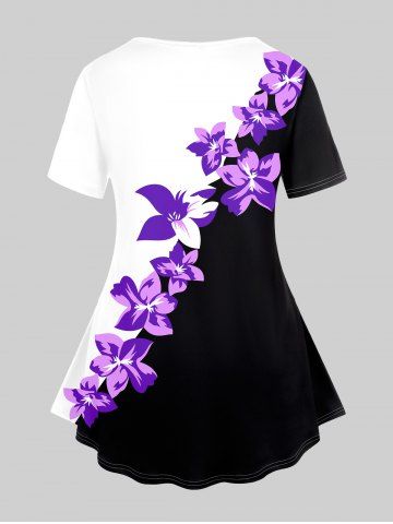 Plus Size Flower Printed Short Sleeves Colorblock Tee