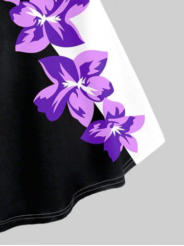Plus Size Flower Printed Short Sleeves Colorblock Tee