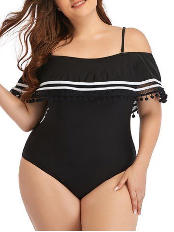 Plus Size Contrasting Stripe Flounce Dots Tassel One-piece Swimsuit - BLACK - 2XL