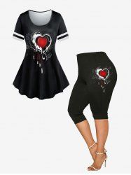 Ensemble T-Shirt à Imprimé Cœur et Legging de Grande Taille pour la Saint-Valentin - Noir 