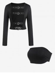 Buckled Grommets Cutout Long Sleeve Top And Basic Cropped Tube Top Gothic Outfit -  
