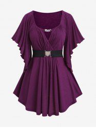 Plus Size Chain Panel Belted Butterfly Sleeve Surplice Top -  