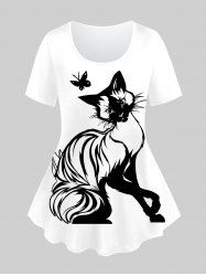 Plus Size Butterfly Cat Printed Short Sleeves Tee -  