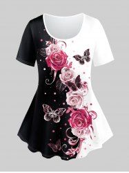 T-shirt à Imprimé Rose et Papillon Bicolore à Manches Courtes de Grande Taille - Rose clair 3X | US 22-24