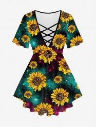 Plus Size Sunflower Galaxy Printed Crisscross Short Sleeves Tee -  
