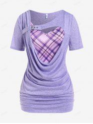 Plus Size Heart Plaid Buckle Draped Ruched Short Sleeves Tee -  