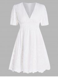 Robe Ligne A Fleur Brodée en Couleur Unie Taille Empire à Manches Bouffantes - Blanc S
