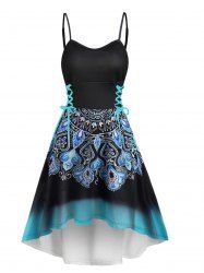 Ombre Flower Print High Low Lace Up A Line Dress -  