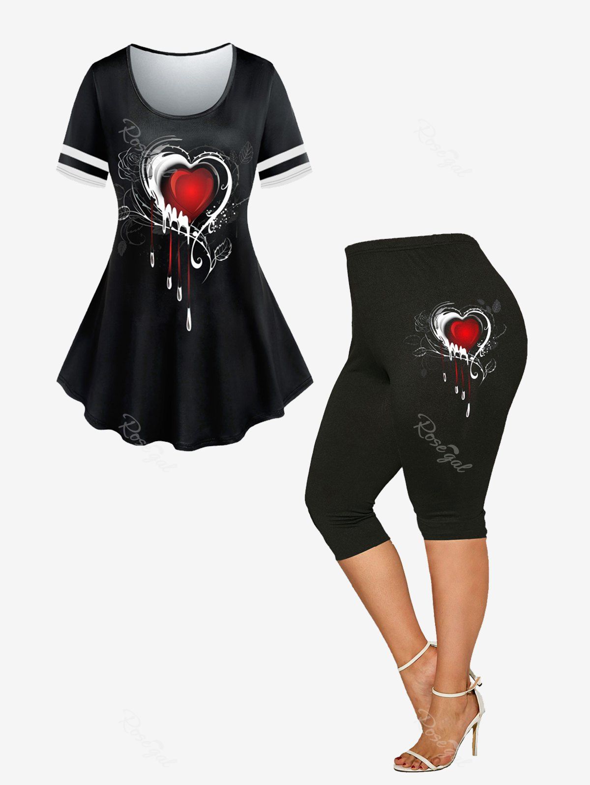 Ensemble T-Shirt à Imprimé Cœur et Legging de Grande Taille pour la Saint-Valentin Noir 