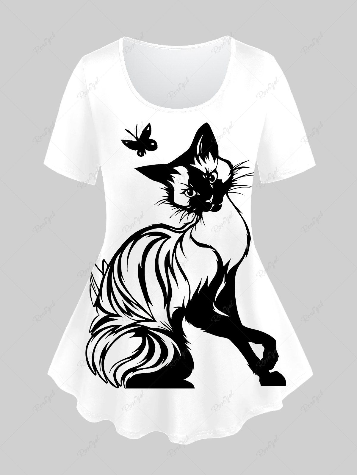 Cheap Plus Size Butterfly Cat Printed Short Sleeves Tee  