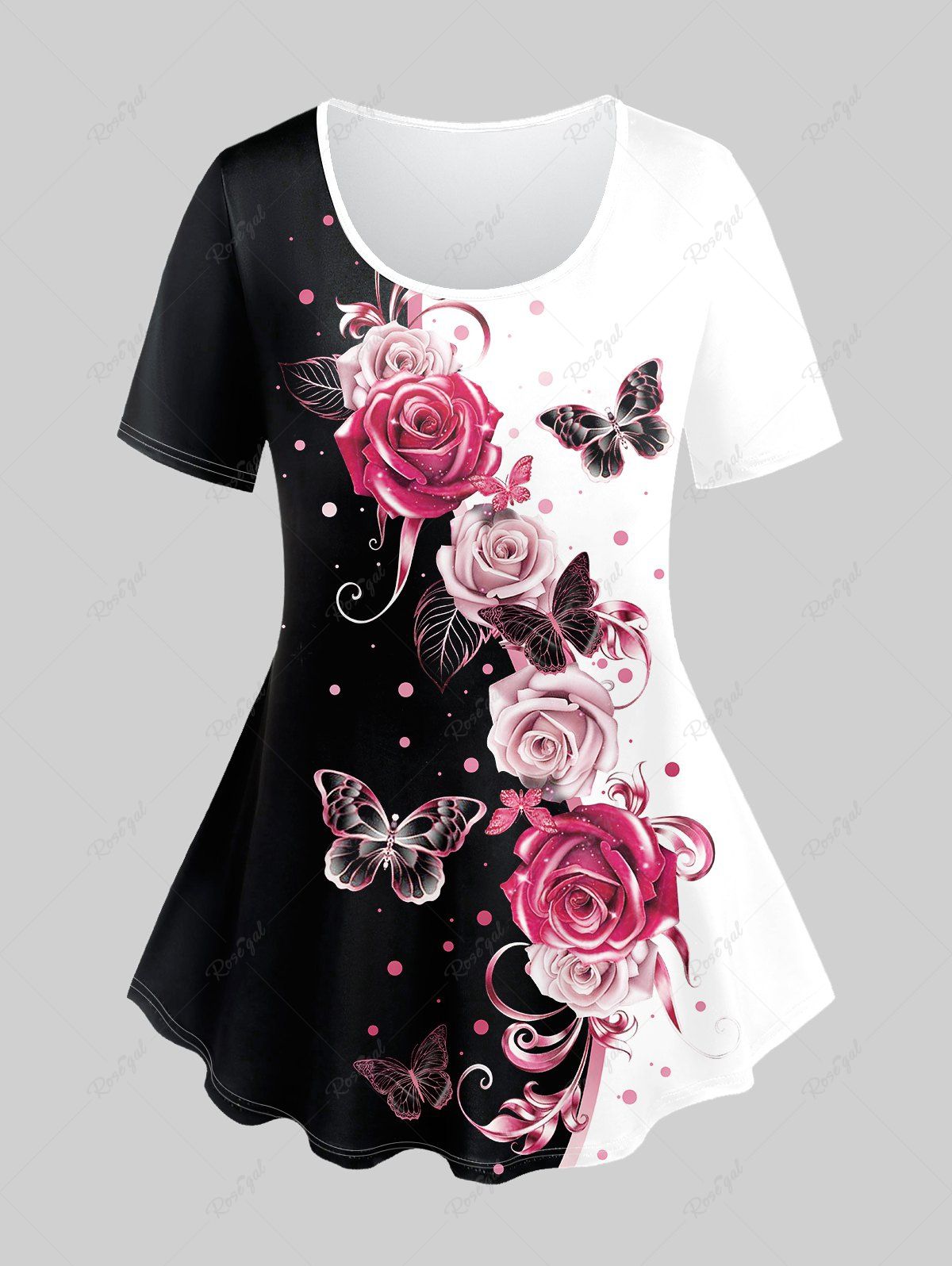 Fancy Plus Size Short Sleeves Rose Butterfly Printed Two Tone Tee  
