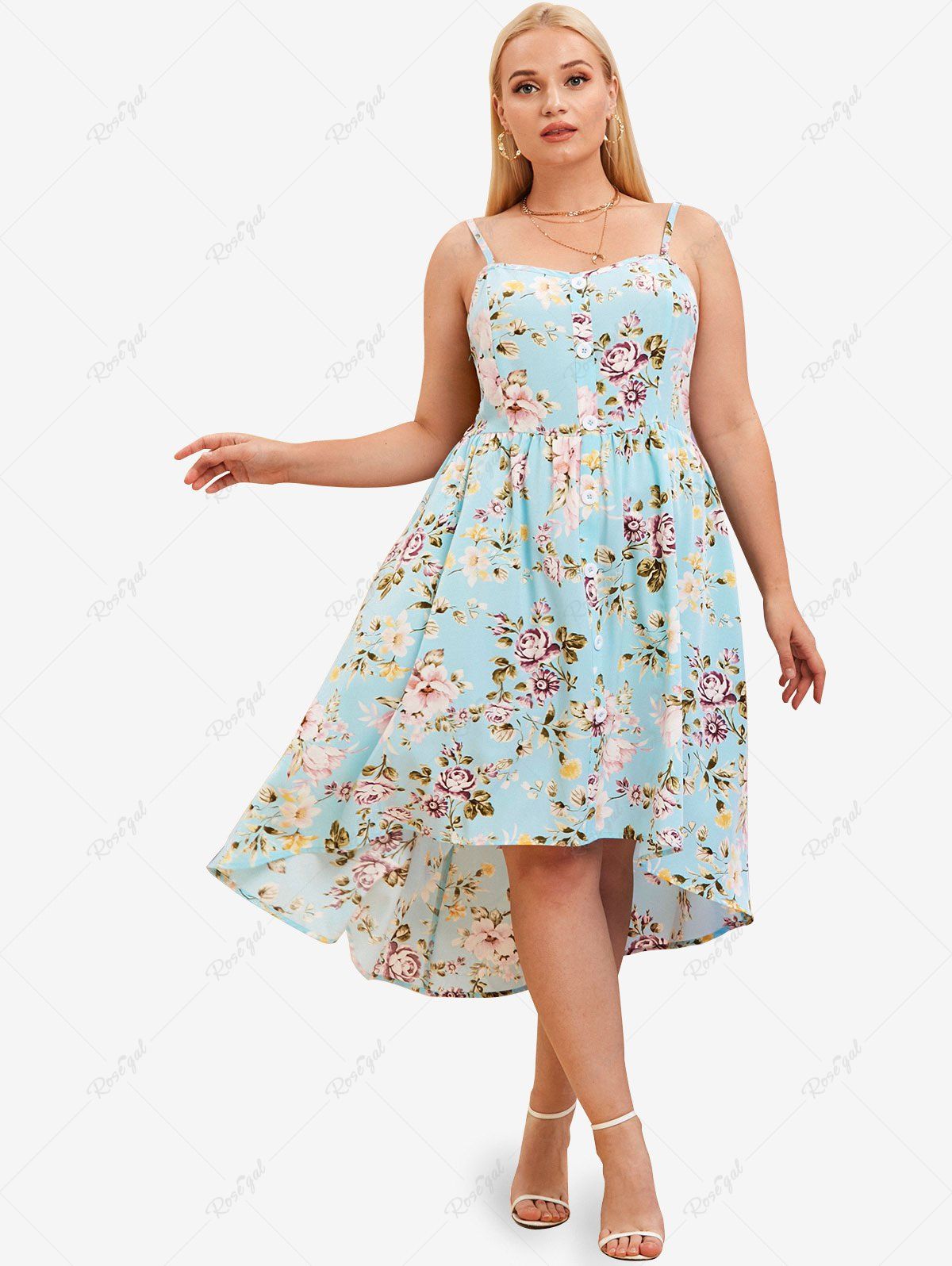 Rosegal Plus Size Floral High Low Cottagecore Midi Dress