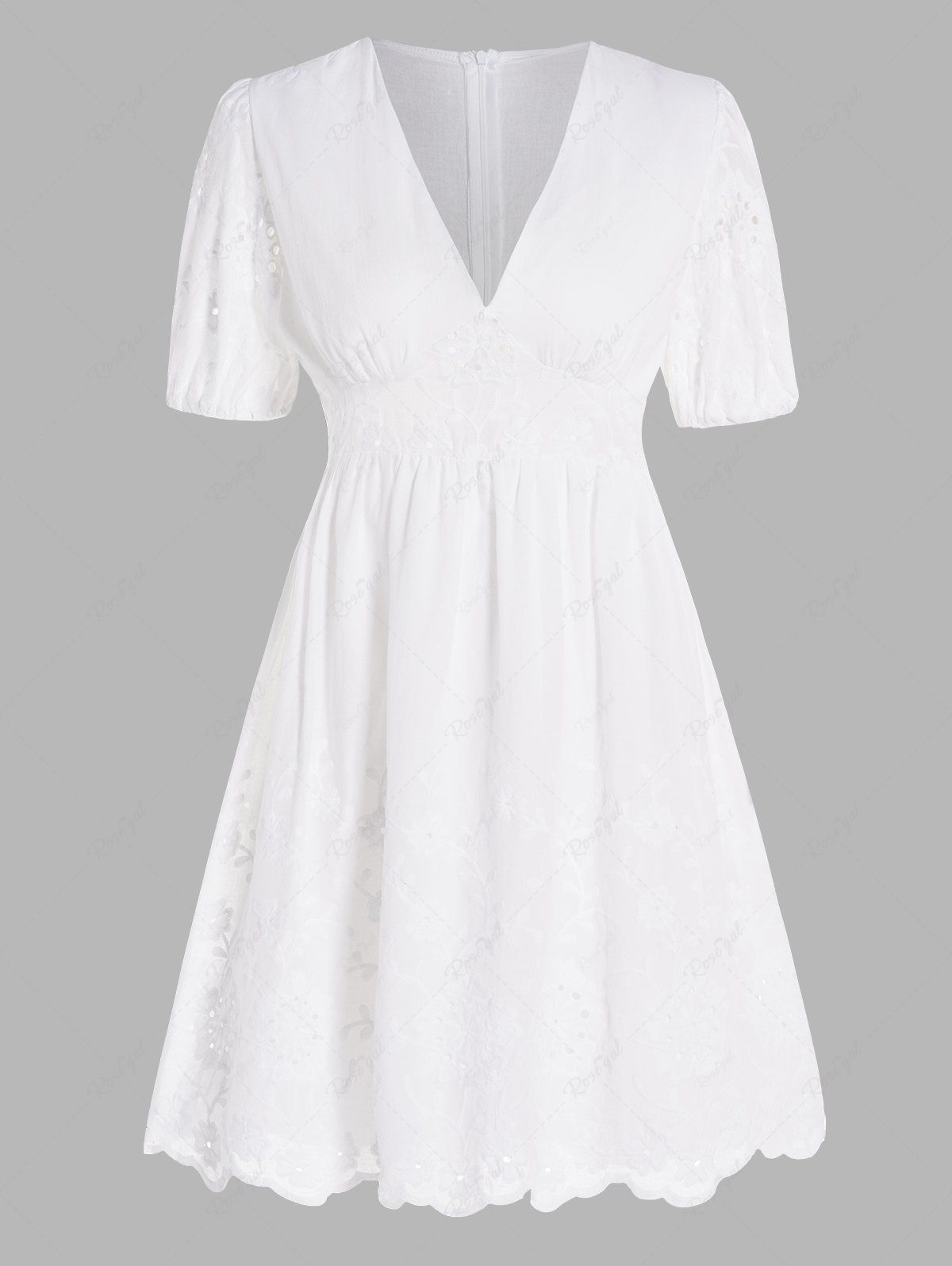Robe Ligne A Fleur Brodée en Couleur Unie Taille Empire à Manches Bouffantes Blanc S