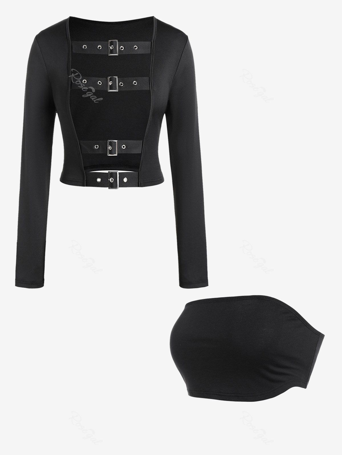 Cheap Buckled Grommets Cutout Long Sleeve Top And Basic Cropped Tube Top Gothic Outfit  