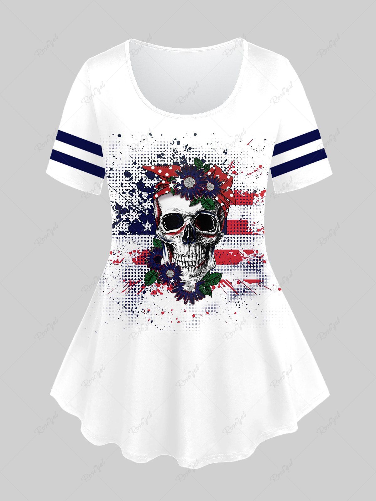 Plus Size Sunflower American Flag Skull Printed Patriotic Tee Blanc 5x | US 30-32