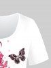 Plus Size Short Sleeves Rose Butterfly Printed Two Tone Tee -  