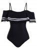 Maillot de Bain Une-Pièce Rayé Contrasté à Pois de Grande Taille à Volants - Noir XL