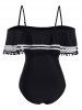 Maillot de Bain Une-Pièce Rayé Contrasté à Pois de Grande Taille à Volants - Noir XL